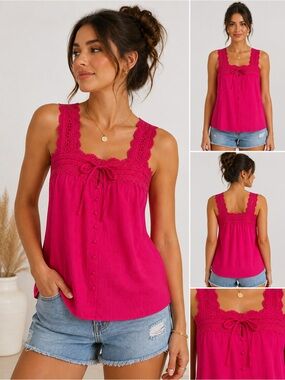 (A4) Island Shores Coral Lace Trim Textured Blouse Top NWT
M